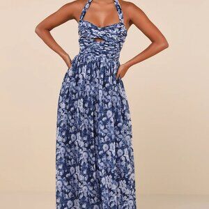 Lulu's | Illustrious Aura Navy Blue Floral Pleated Halter Maxi Dress
